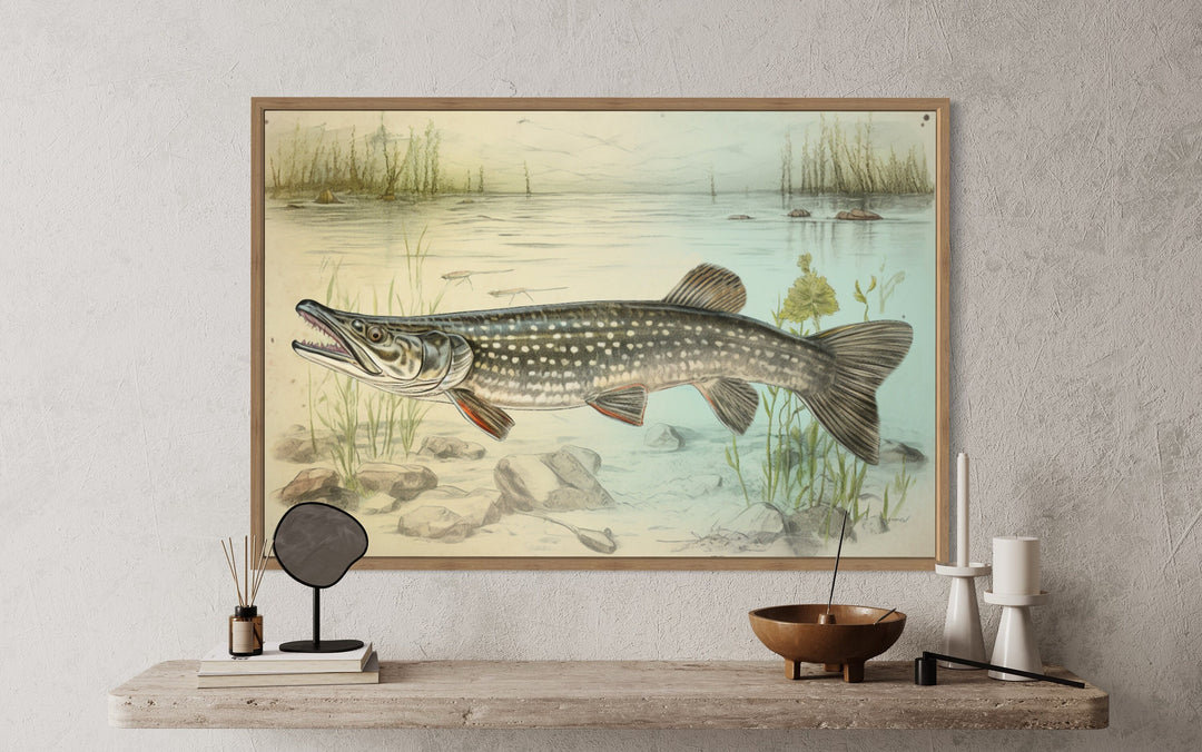 Northern Pike Vintage Fish Painting Framed Canvas Wall Art close up