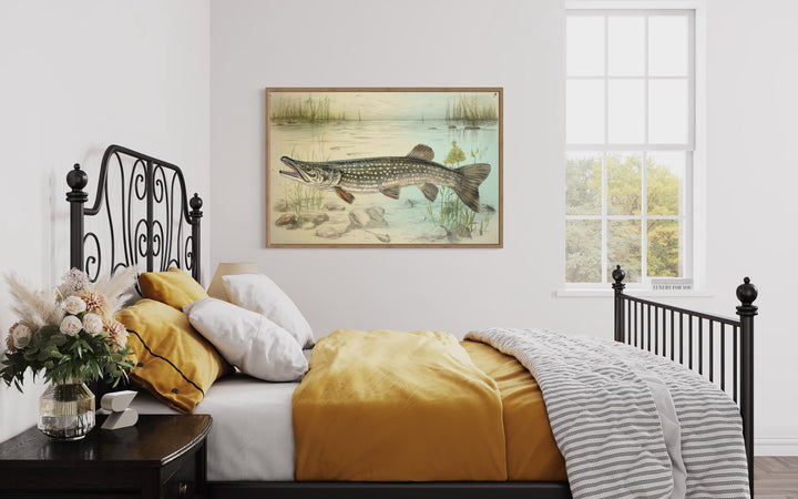 Northern Pike Vintage Fish Painting Framed Canvas Wall Art in yellow bedroom