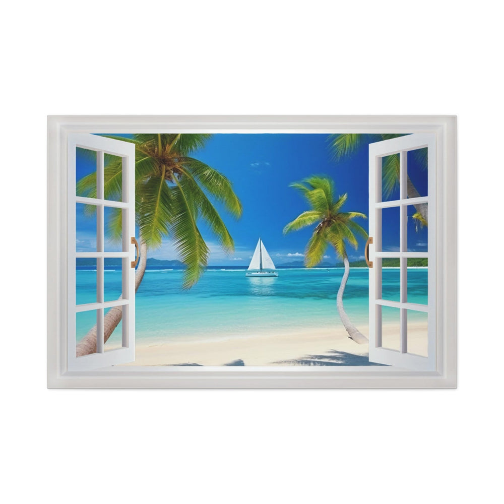 Caribbean Beach And Sail Boat Open Window View Wall Art close up