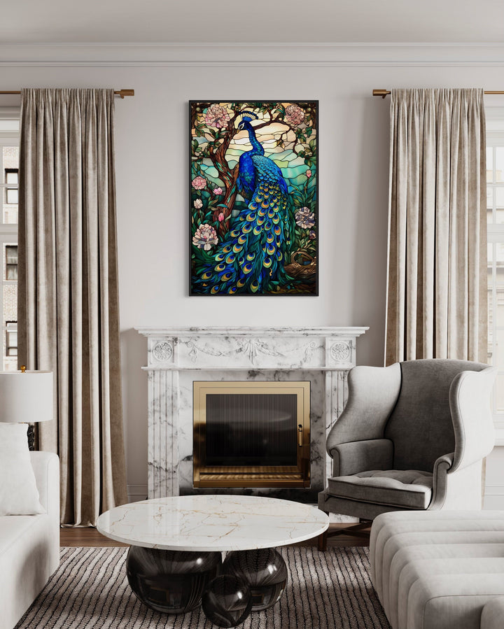 Stained Glass Style Peacock Framed Canvas Wall Art