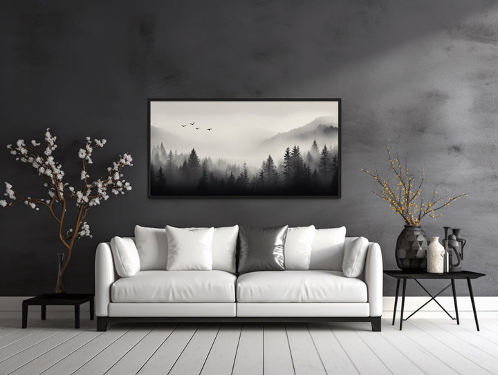 Foggy Forest Black White Minimalist Framed Canvas Wall Art in living room