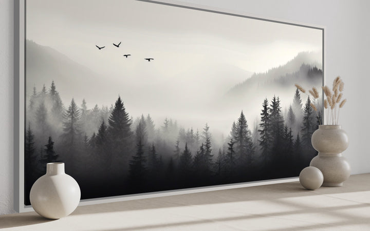 Foggy Forest Black White Minimalist Framed Canvas Wall Art side view