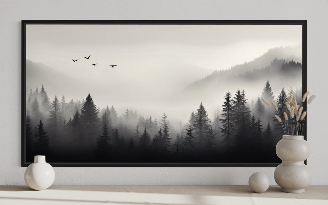 Foggy Forest Black White Minimalist Framed Canvas Wall Art close up