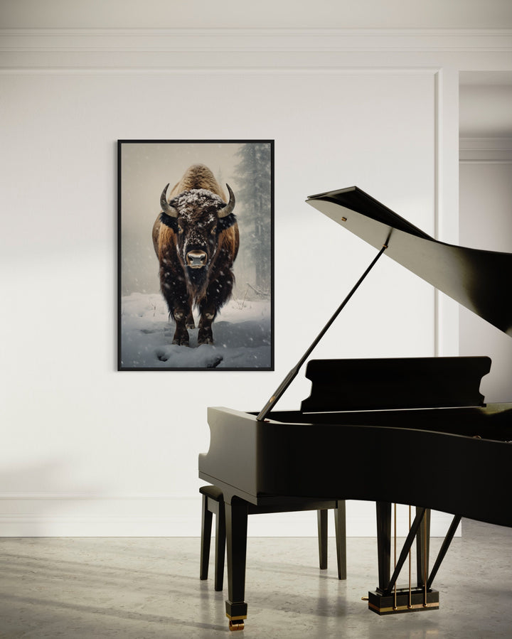 American Buffalo in Snow Framed Canvas Wall Art in music room