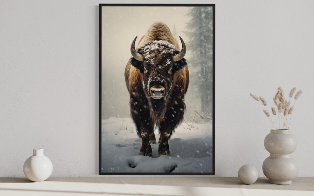 American Buffalo in Snow Framed Canvas Wall Art close up