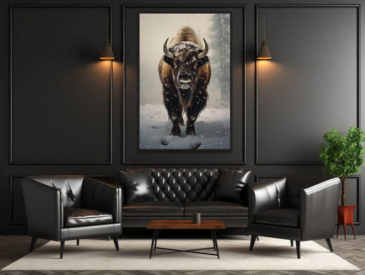 American Buffalo in Snow Framed Canvas Wall Art in man cave