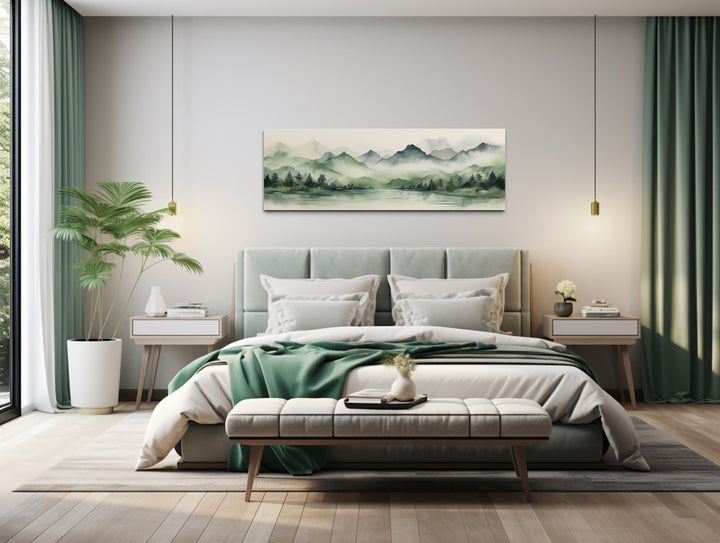 Sage Green Mountains Lake Long Horizontal Watercolor Framed Canvas Wall Art above bed