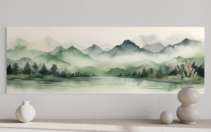 Sage Green Mountains Lake Long Horizontal Watercolor Framed Canvas Wall Art close up