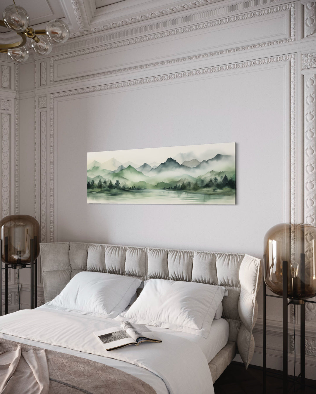 Sage Green Mountains Lake Long Horizontal Watercolor Framed Canvas Wall Art above bed