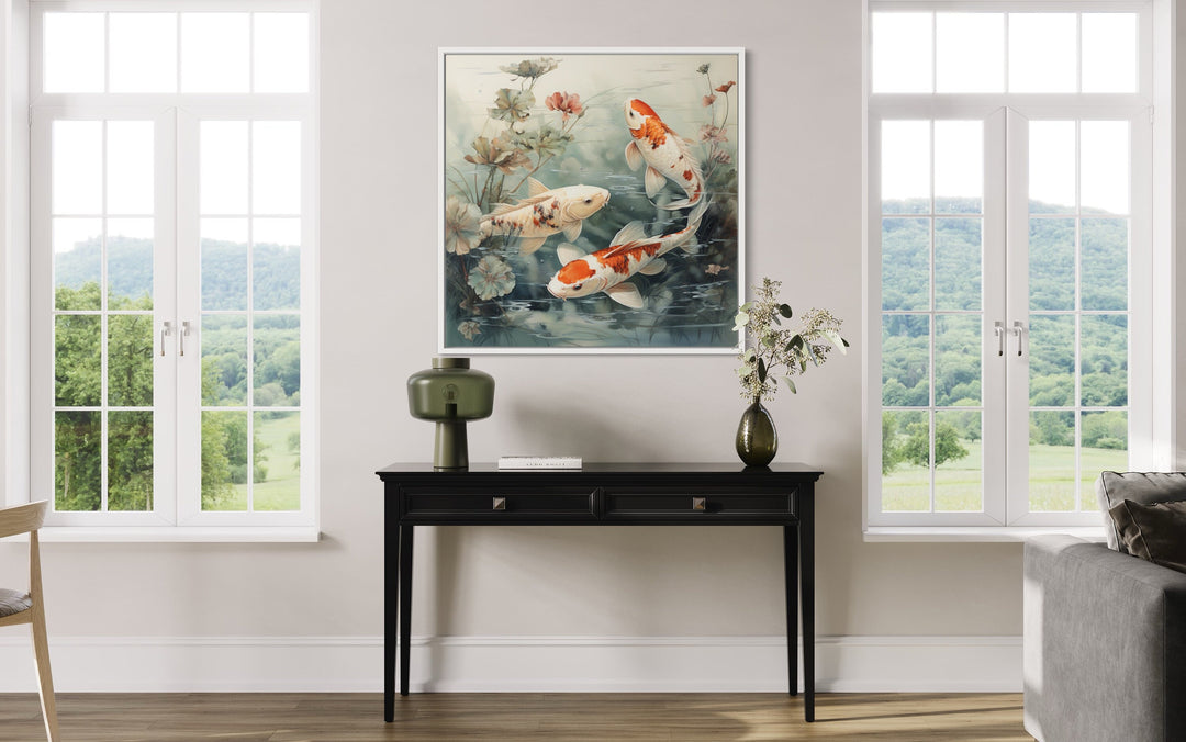 Koi Fish In Sage Green Pond Square Wall Art in living room