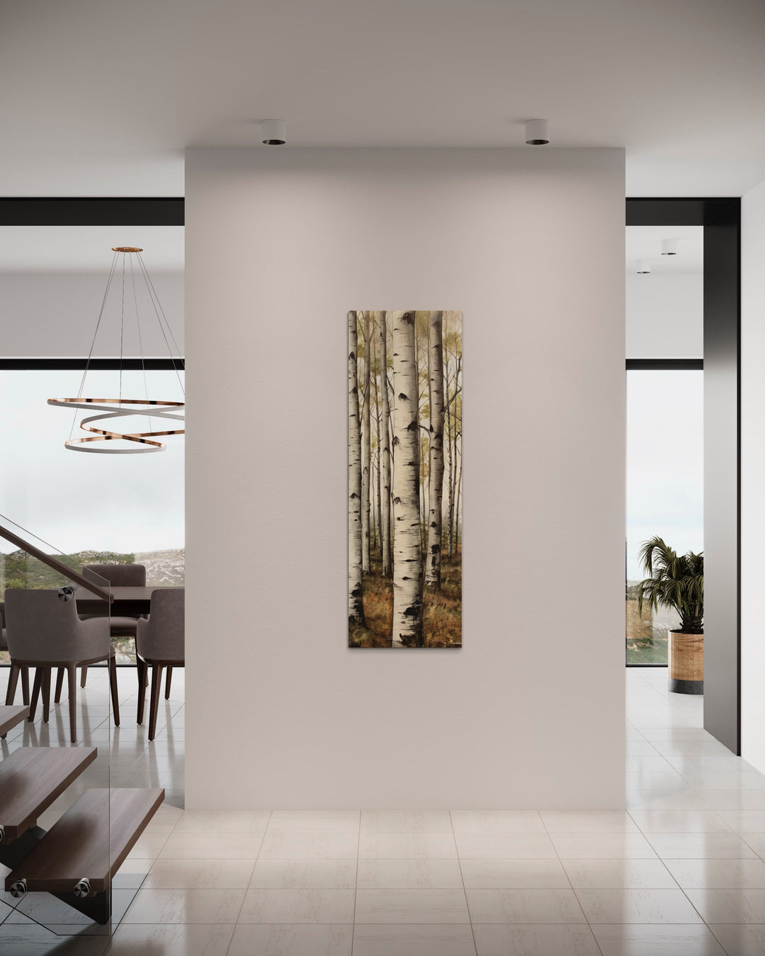 Tall Narrow Aspen Trees Vertical Framed Canvas Wall Art in large room