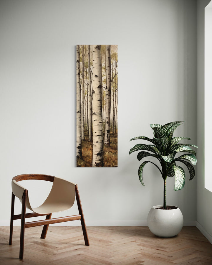 Tall Narrow Aspen Trees Vertical Framed Canvas Wall Art on the wall