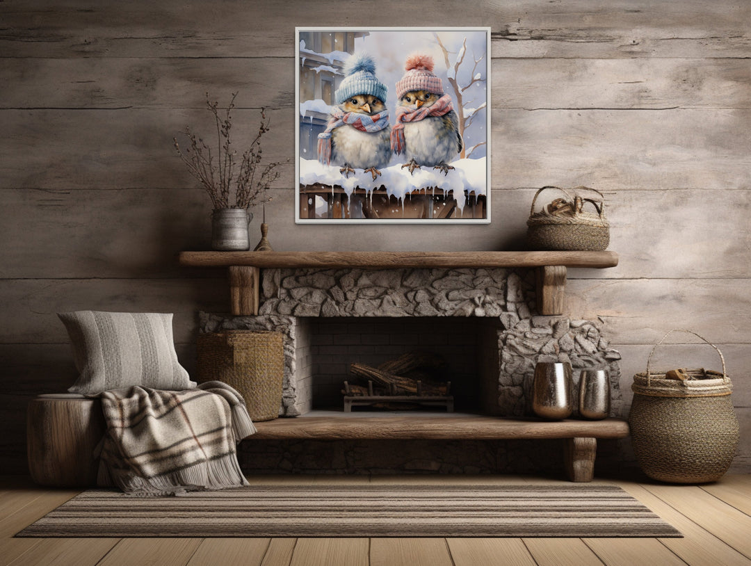 Cute Birds In Hats In Snow Winter Framed Canvas Wall Art above mantel