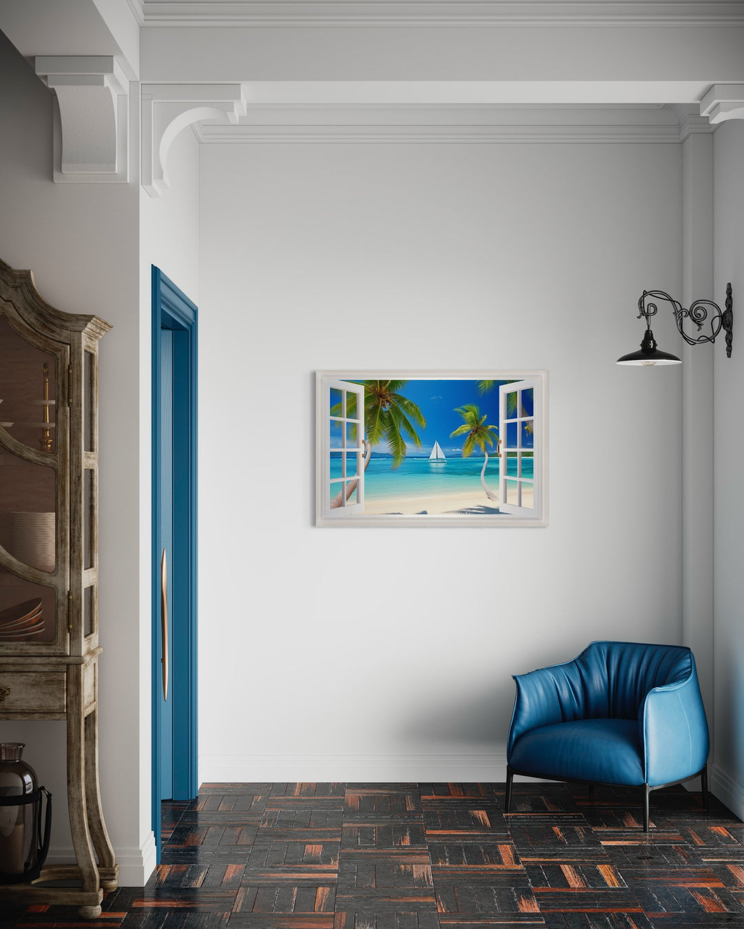 Caribbean Beach And Sail Boat Open Window View Wall Art in the room