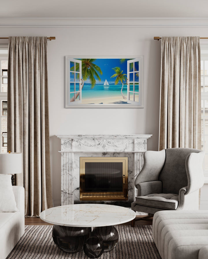 Caribbean Beach And Sail Boat Open Window View Wall Art above fireplace