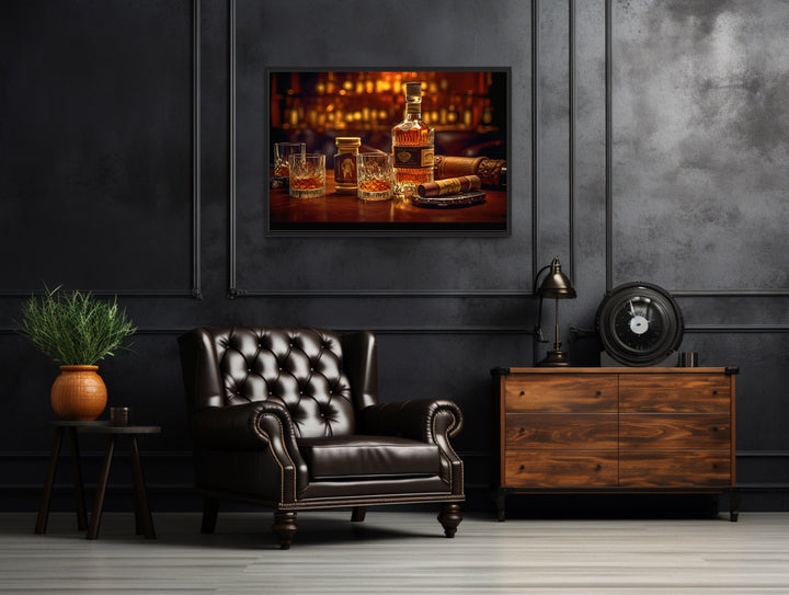 Whiskey And Cigar Bar Framed Canvas Wall Art in man cave