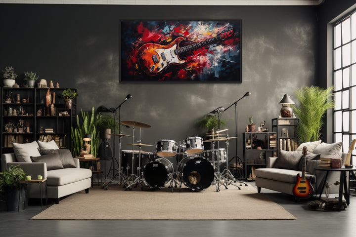 Red Electric Guitar Abstract Framed Canvas Wall Art in music room