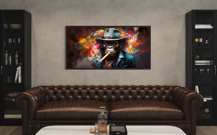 Colorful Gorilla Smoking Cigar Abstract Man Cave Framed Canvas Wall Art above couch