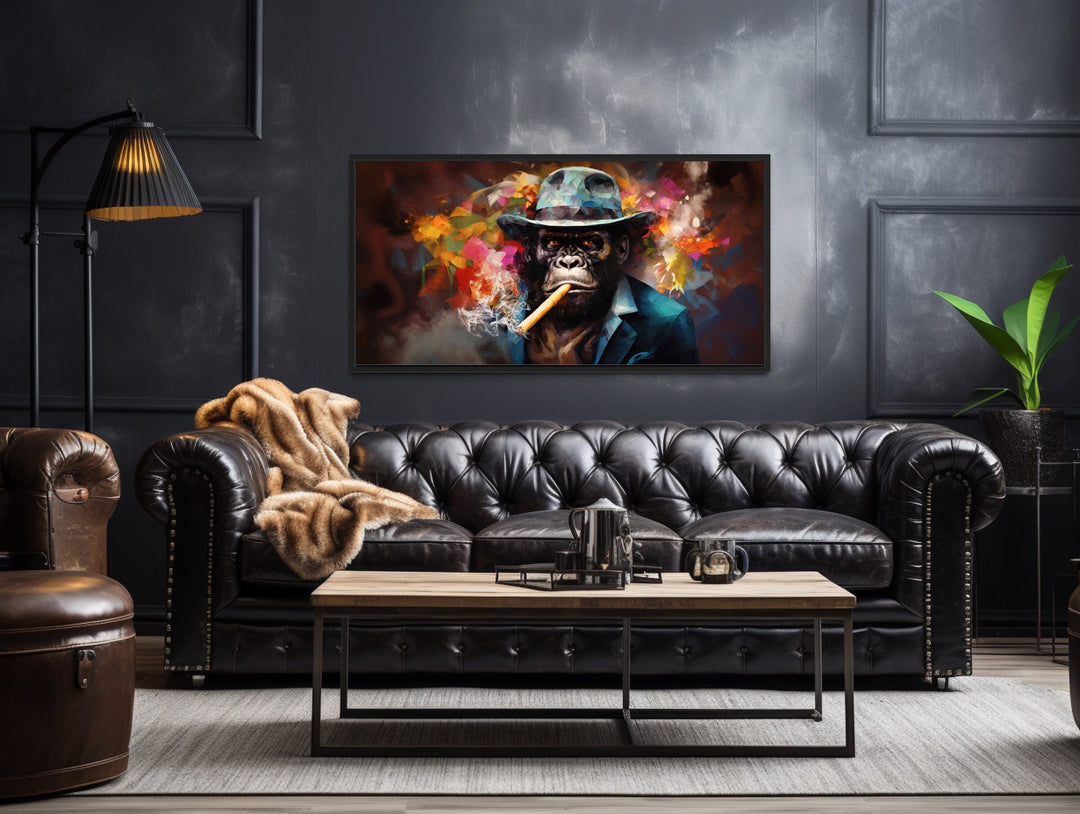 Colorful Gorilla Smoking Cigar Abstract Man Cave Framed Canvas Wall Art