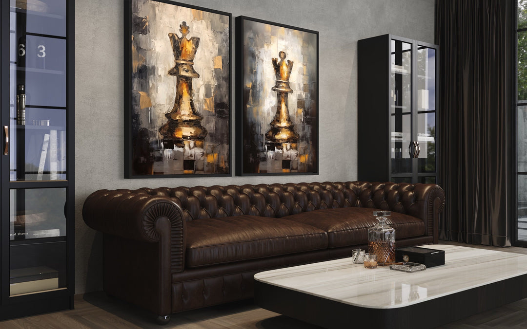 Chess King And Queen Framed Canvas Wall Art in living room