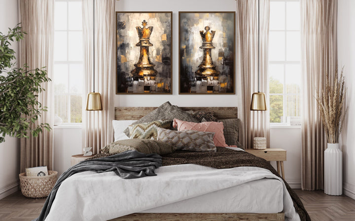 Set of 2 Chess King And Queen Romantic Framed Canvas Wall Art above bed