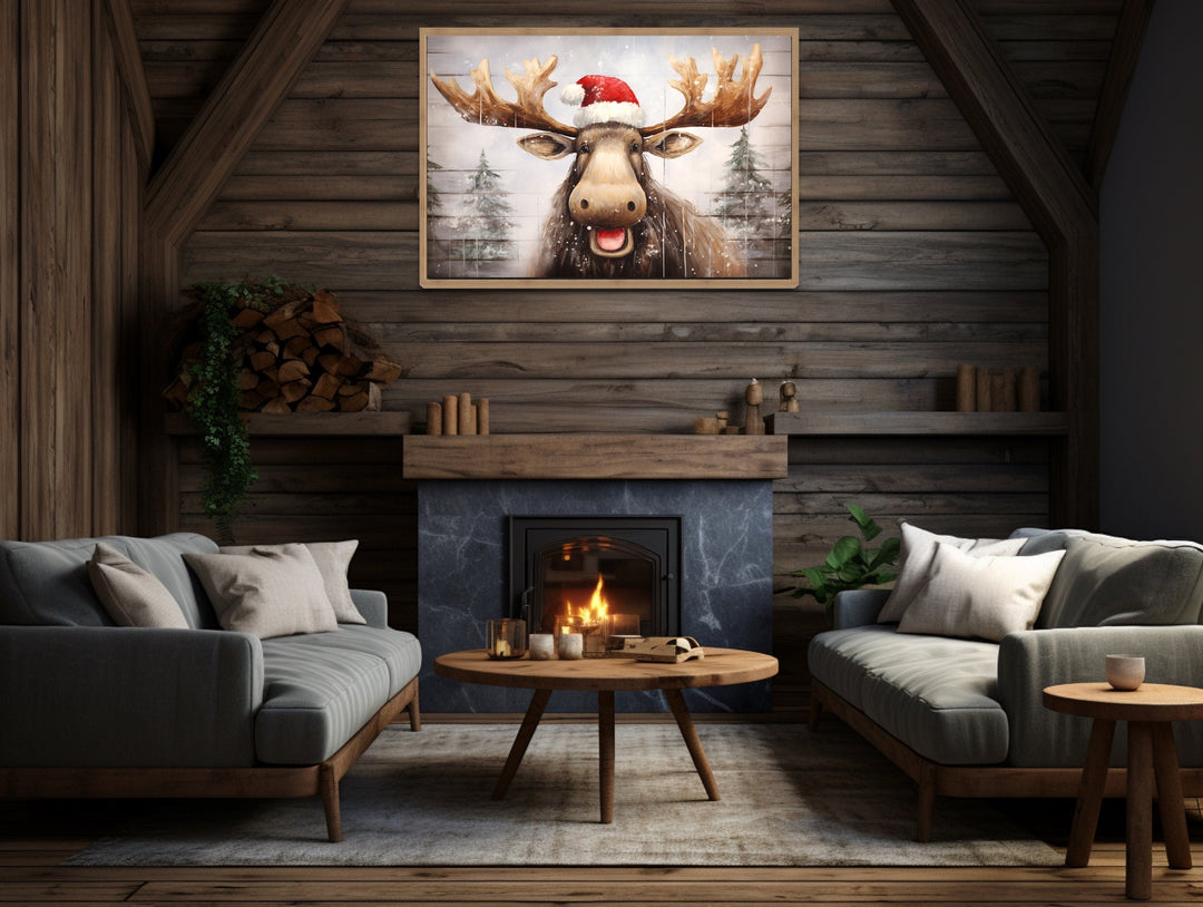 Cute Moose in Santa Hat Rustic Painting On Wood Christmas Wall Art in the cabin