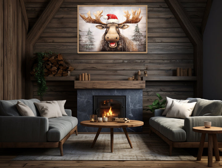 Cute Moose in Santa Hat Rustic Painting On Wood Christmas Wall Art in the cabin