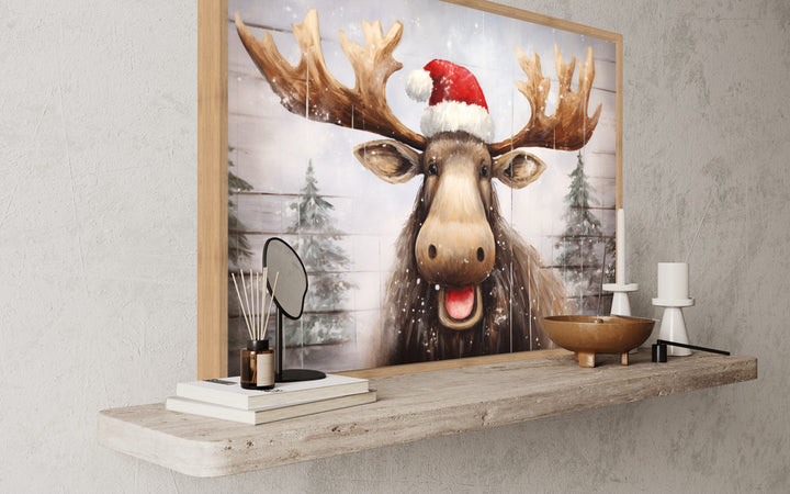 Cute Moose in Santa Hat Rustic Painting On Wood Christmas Wall Art close up side view