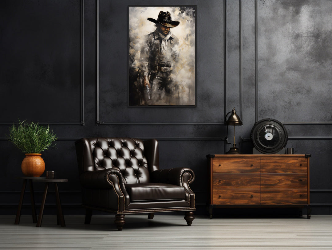 Cowboy With Gun Southwestern Framed Canvas Wall Art in man cave