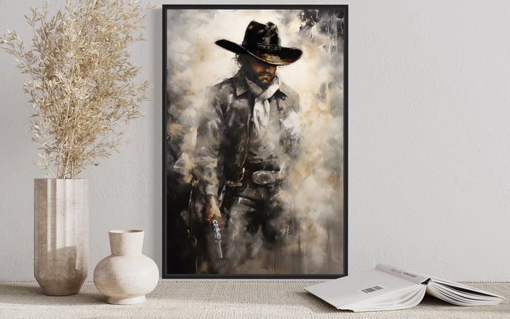 Cowboy With Gun Southwestern Framed Canvas Wall Art close up