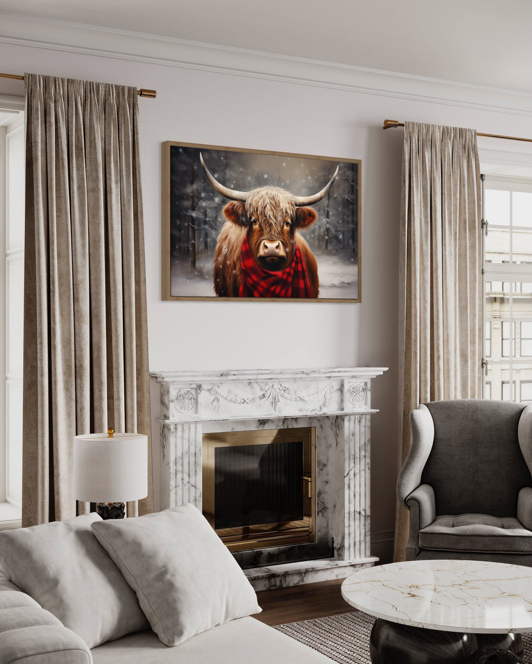 Highland Cow In Snow Winter Framed Canvas Wall Art above mantel