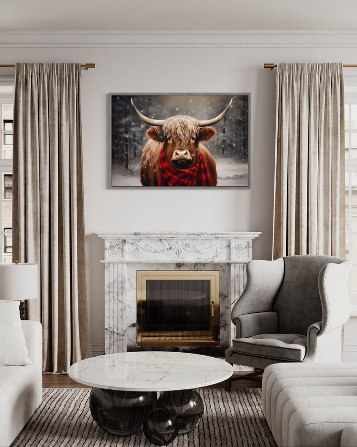 Highland Cow In Snow Winter Framed Canvas Wall Art