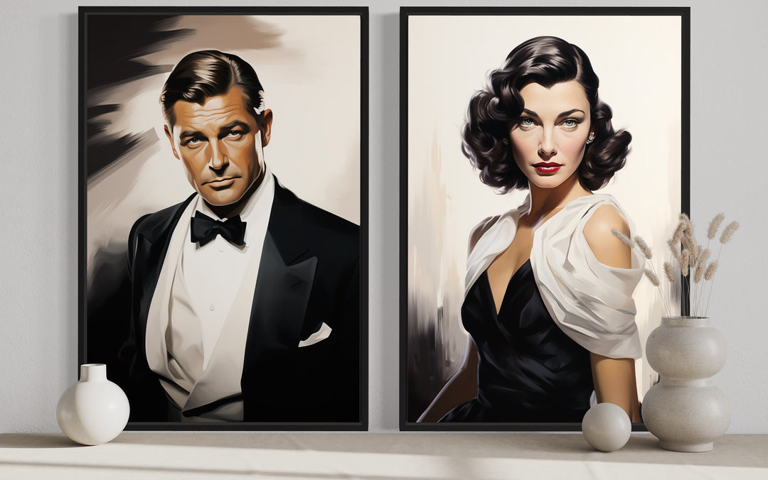 Set of 2 Male and Female Classy Bathroom Framed Canvas Wall Art above bathtub close up