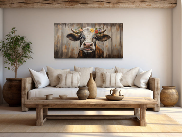 Curious Cow On Wood Rustic Framed Farmhouse Canvas Wall Art in rustic home