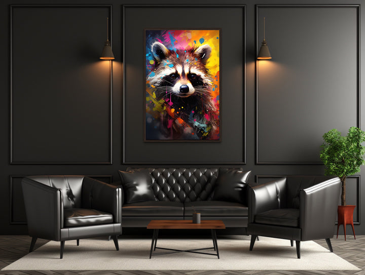 Raccoon Colorful Pop Art Graffiti Framed Canvas Wall Art in office