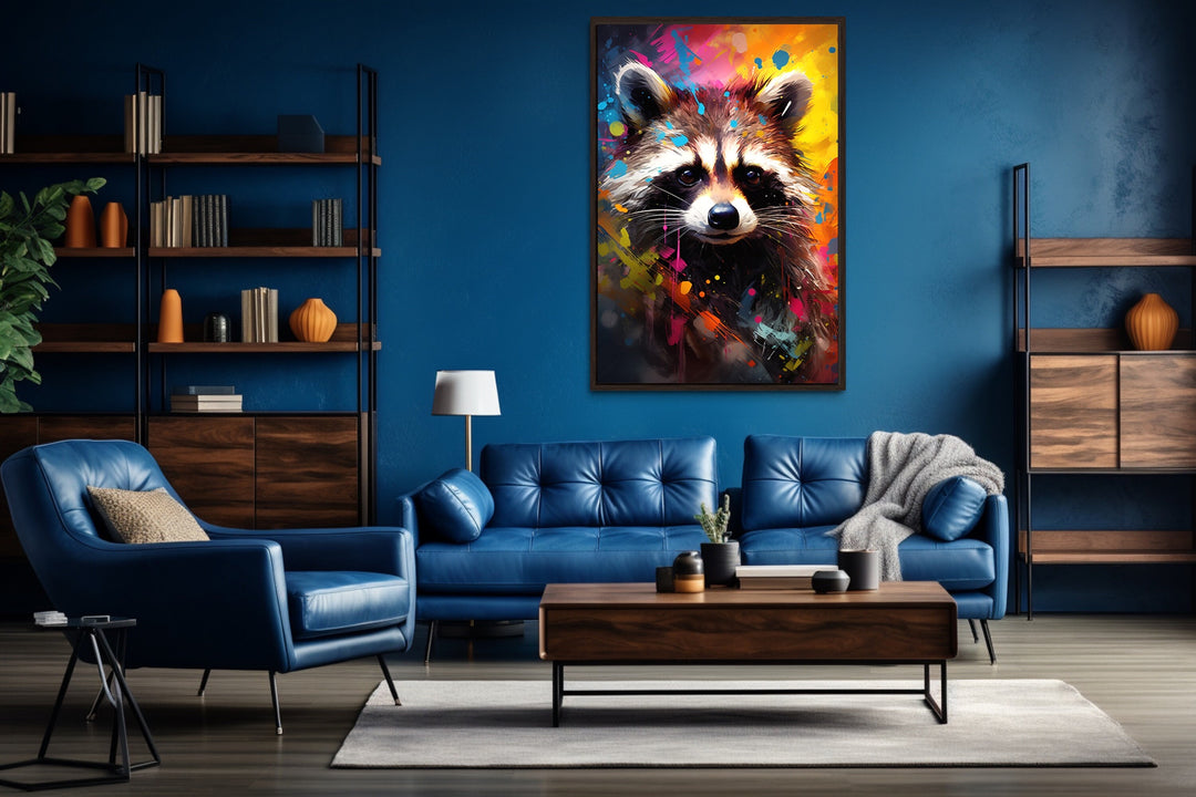 Raccoon Colorful Pop Art Graffiti Framed Canvas Wall Art in man cave