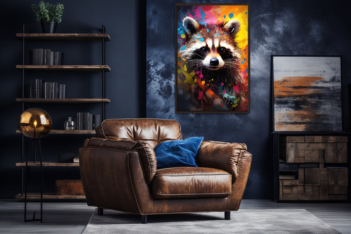 Raccoon Colorful Pop Art Graffiti Framed Canvas Wall Art in man cave