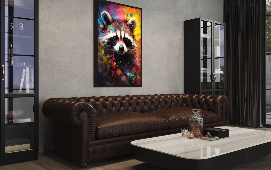 Raccoon Colorful Pop Art Graffiti Framed Canvas Wall Art above brown couch