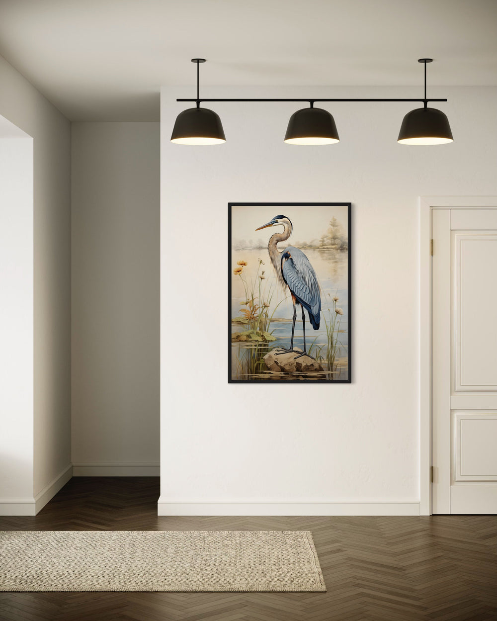 Blue Heron Coastal Bird Canvas Wall Art in living room