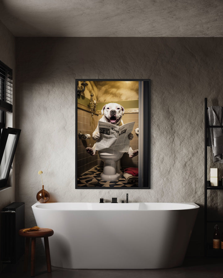 American Bulldog Dog On The Toilet Reading Newspaper Wall Art above bathtub