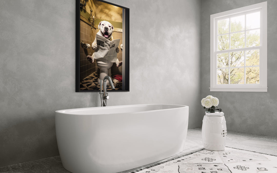 American Bulldog Dog On The Toilet Reading Newspaper Wall Art side view