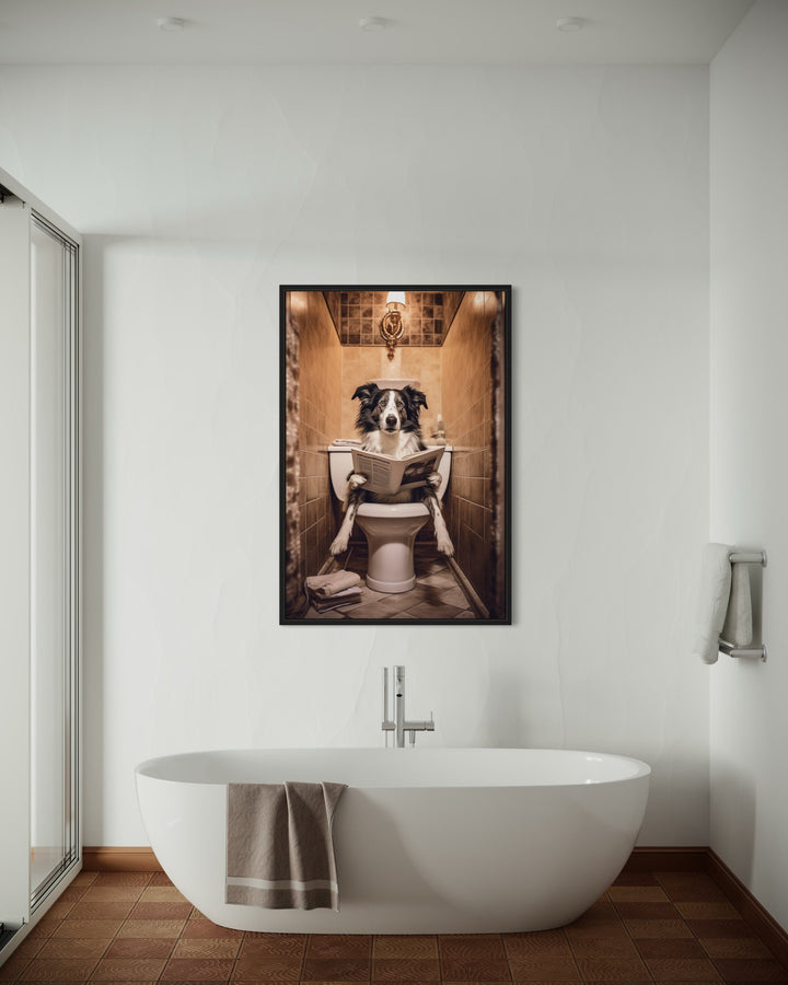 Border Collie Dog On The Toilet Reading Newspaper Wall Art in a bathroom