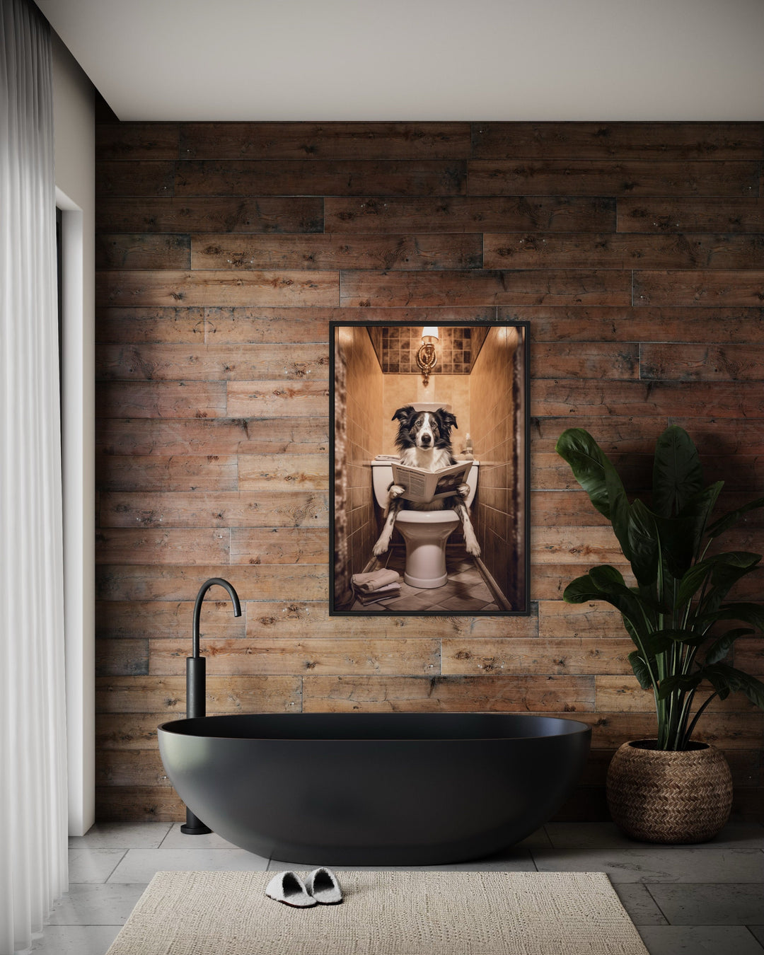 Border Collie Dog On The Toilet Reading Newspaper Wall Art above bath tub sitting next to a wooden wall