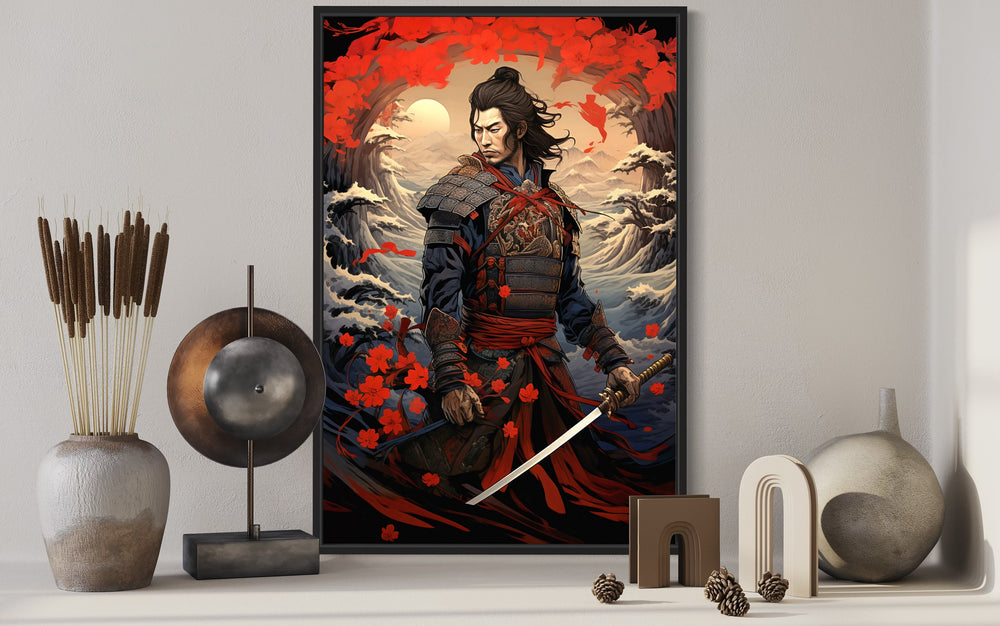 Ukiyo-e Style Japanese Samurai Framed Canvas Wall Art close up
