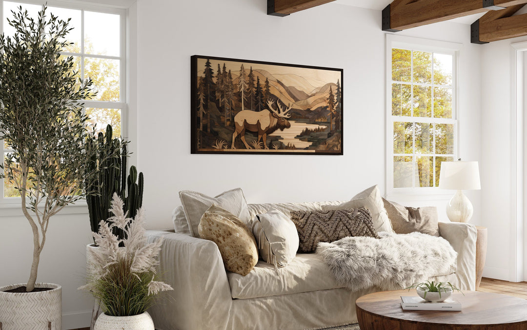 Moose In Mountains Wood Panel Effect Wall Art over beige couch