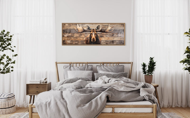 Moose Painted On Wood Rustic Canvas Wall Art "Timber Majesty" over wooden bed