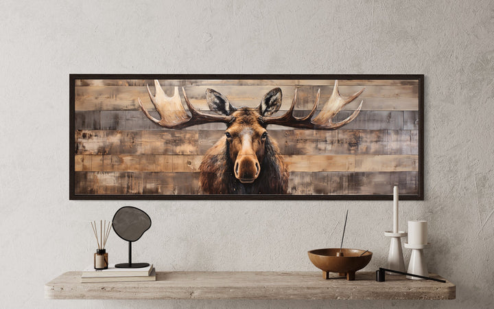 close up of Moose Painted On Wood Rustic Canvas Wall Art "Timber Majesty"