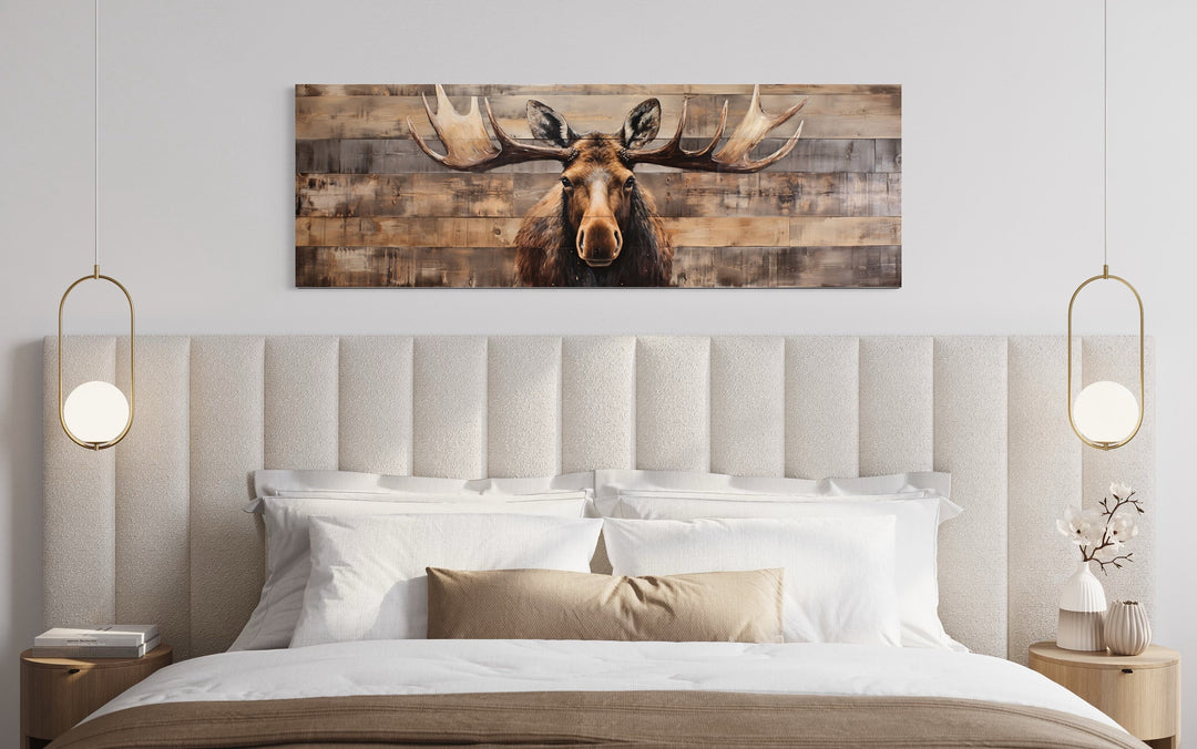 Moose Painted On Wood Rustic Canvas Wall Art "Timber Majesty" over white bed