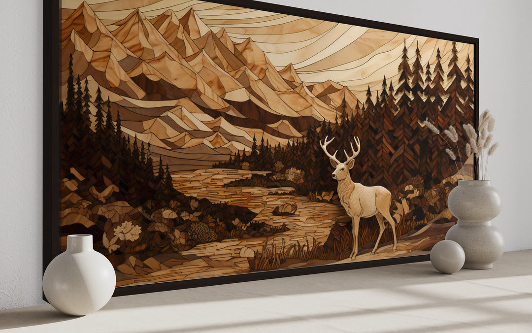 Cabin Decor Elk Painting in Mountain Forest side view