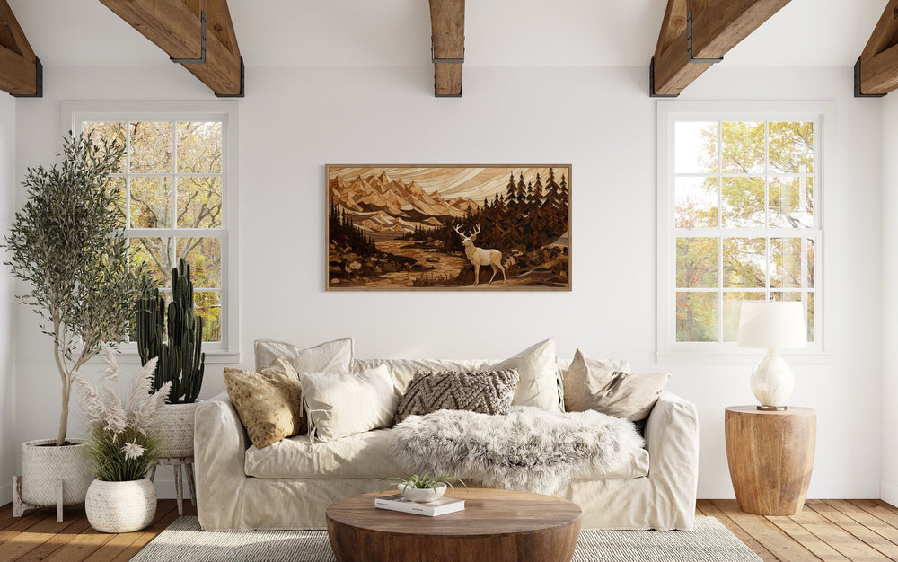 Cabin Decor Elk Painting in Mountain Forest above beige couch